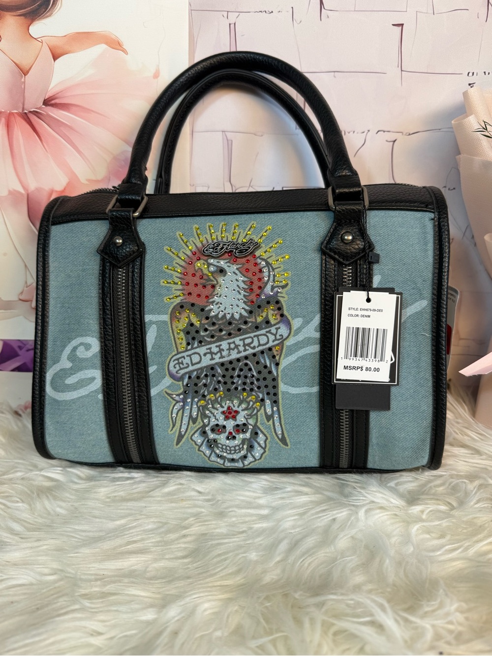 Ed Hardy Denim Blue Studded Eagle Satchel with Black Trim